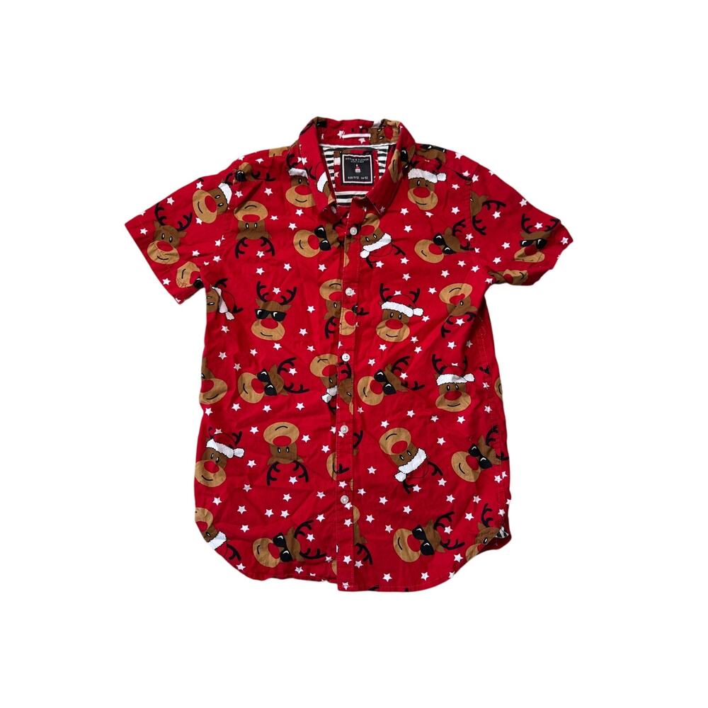 Denim & Flower Ricky Singh Reindeer Christmas Button Down Shirt Boys 11/12 Red